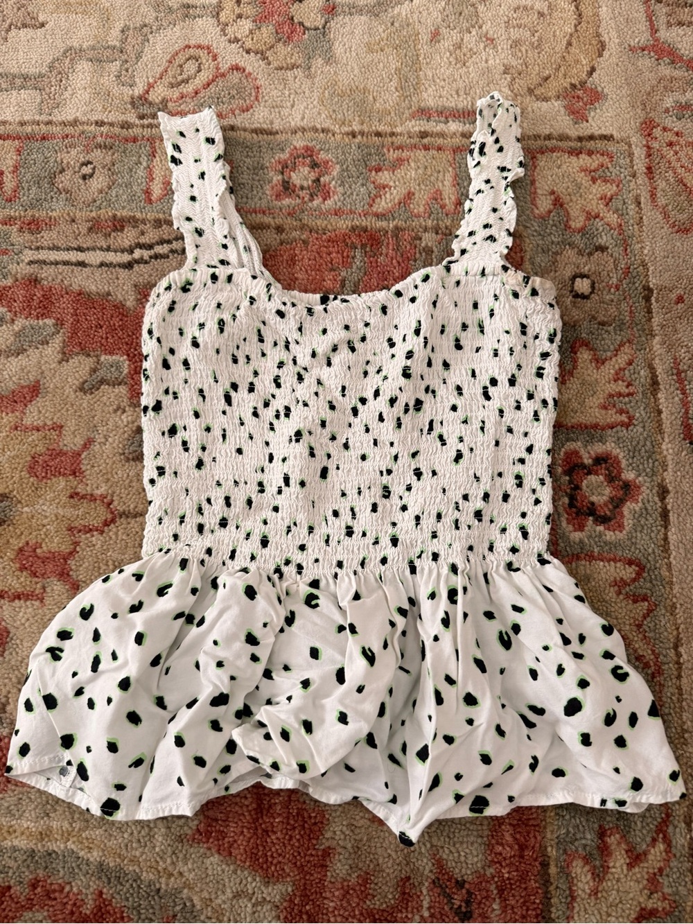 Elodie White Smocked Peplum Camisole with Green Spot Print